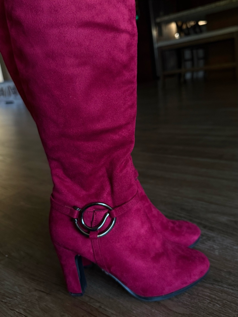 Women's Knee-High Burgundy Faux Suede Boots